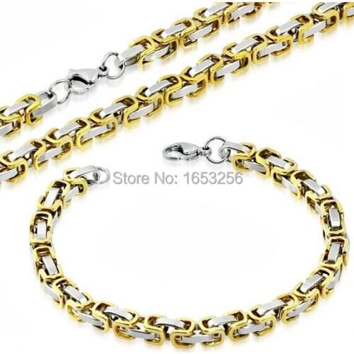 5 set Lot Wholesale Small 6mm stainless steel Gold Byzantine Chain necklace and bracelet Men Jewelry Set