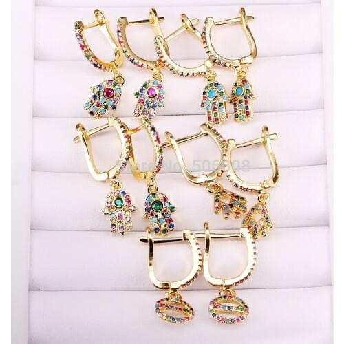 6 Pairs ZYZ319-2858 New Fashion candy rainbow cz hamsa hand Earring for Women Ethnic Bohemian Hanging Dangle Earring