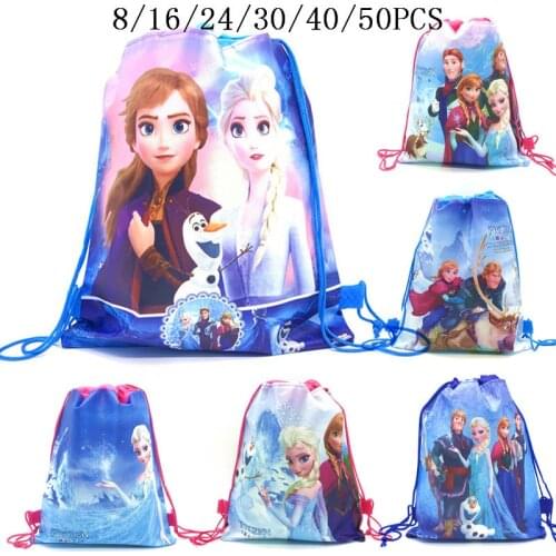 8/16/24/50PCS Disney Frozen 2 Anna Elsa Birthday Party Gifts Non-woven Drawstring Bags Kids Boy Favor Swimming School Backpacks