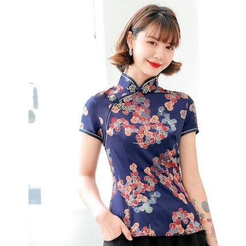 Large Size 3XL-5XL Women Blouse Short Sleeve Chinese Traditional Cotton Tops Elegant Mandarin Collar Blue Print Flower Shirt