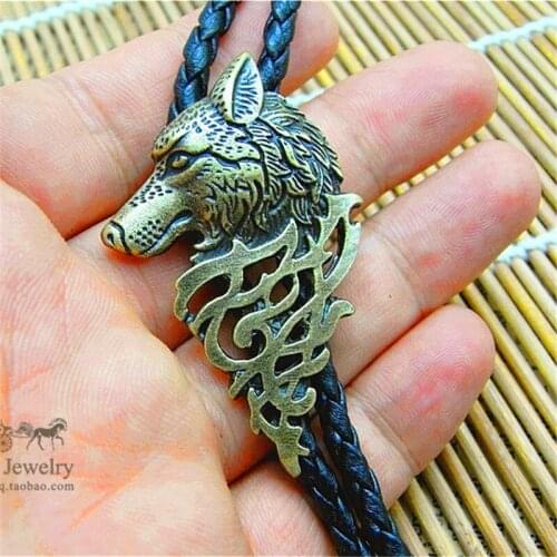Bolo Tie Retro shirt chain Wolf badge Poirot led rope leather necklace Long tie hang