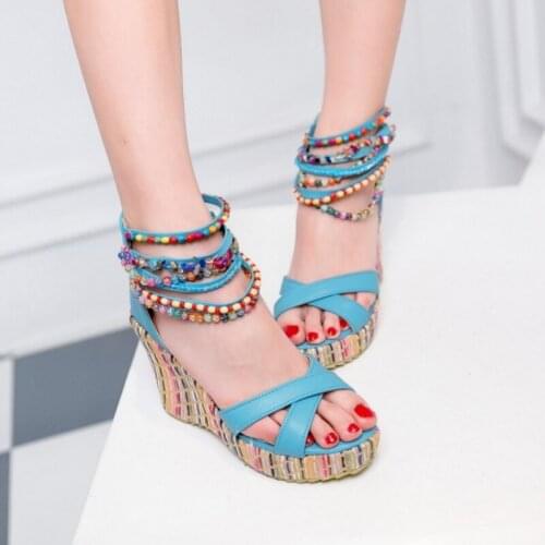 Plus size 34-43 Fashion Women Summer Open Toe Wedges Sandals Platform Women Sandals Bohemian Beaded Wedges Shoes Woman WSH3912