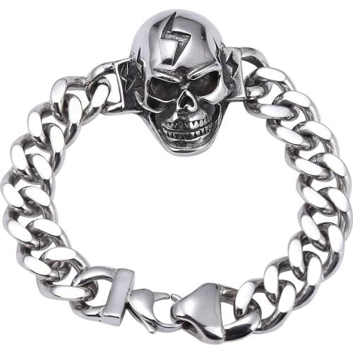 Punk Stainless steel Dkeleton Head Bracelet Chain Charms Bracelet for Men Stainless Steel Lobster Claw Clasp Closure GS0015