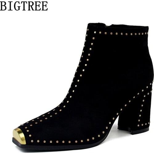 Bigtree Brand Woman Shoes 2021 Luxury Brand Ankle Boots For Women Black Rivet High Heels Booties Woman Boots Female Women Shoes