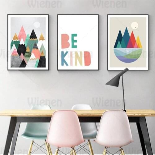 Color Nordic Poster and Print Abstract Minimalist Triangle Mountain Landscape Be Kind Quotes Wall Art Canvas Painting Home Decor