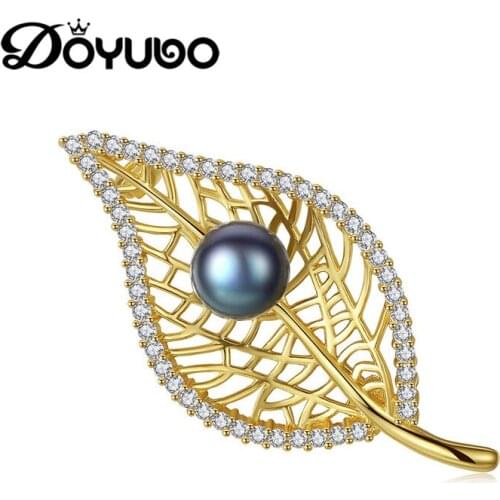 DOYUBO Luxury Women 925 Sterling Silver Leaf Brooch Fashion Freshewater Pearl Lady Cubic Zircon Silver Brooch Fine Jewelry VH009