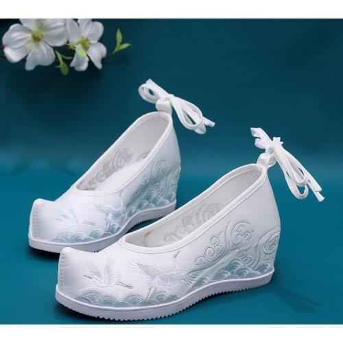 Chinese Traditional Hanfu Shoes Ancient Women Flats White Bandage Hidden Heels Wedge Oriental Lolita Embroidered Clouds Cranes