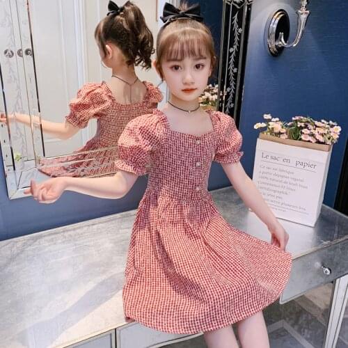 Summer Kids Dresses for Girls Plaid Dress Children Cotton Short Sleeve Outwear Clothes Baby Girl Princess Dress 4-13T