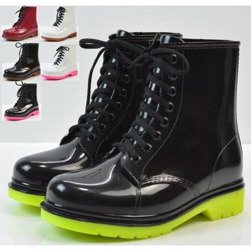Hot Fashion Ladies Flat-heel Solid Color Rain Boots Martin Rain Boots Water Shoes Lace-up Warmth Calf Rain Boots Platform Shoes