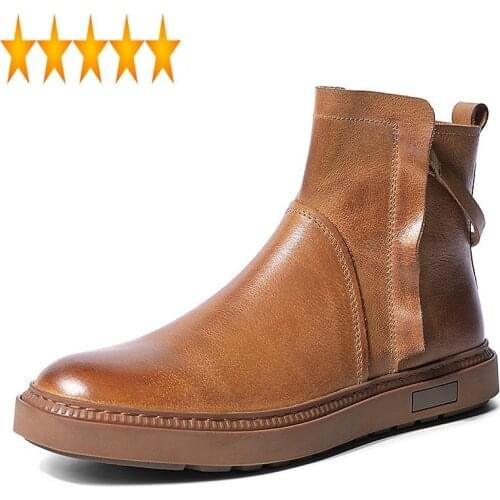 Real New Mens Vintage Brand Leather Patchowork Zip Chelsea British Round Toe Casual High Top Flat Boots Zapatos De Hombre