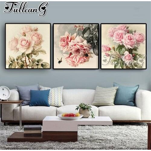 FULLCANG Pink flower 3 piece diy diamond embroidery rose triptych painting full square round drill 5d mosaic pattern kit FC2400