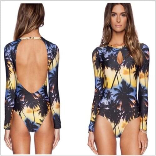 2018 New Style Women Coconut Tree Printing swimsuit Female Summer Beach Bodysuit Sexy Backless One-piece Long Sleeved Bikini