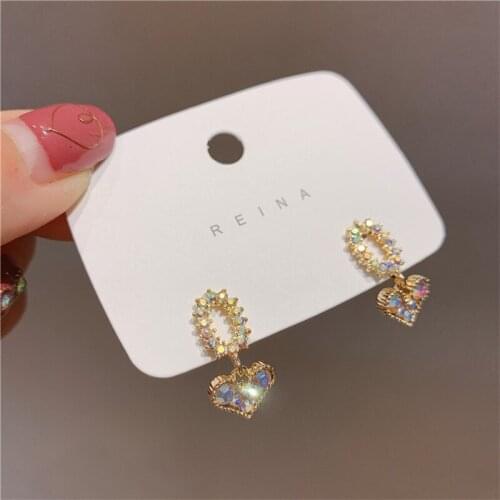 YAOLOGE 2021 New Gold Color Heart Rhinestone Drop Earrings For Women Geometric Alloy Ear Accessories Fashion Party Jewelry Gift