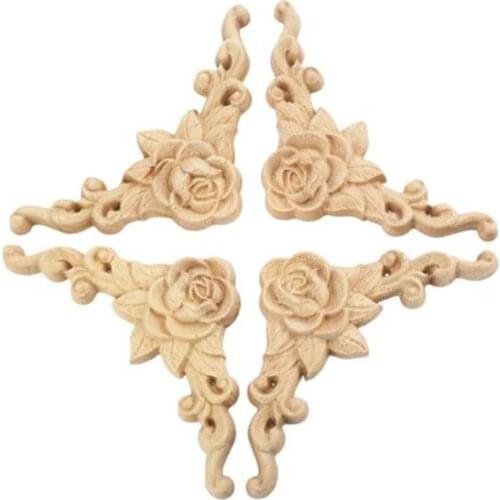 4Pcs 8*8cm New Wood Carved Corner Onlay Applique Door Cabinet Rose Unpainted Europ Door Cabinet Bed Decoration Rose Decals