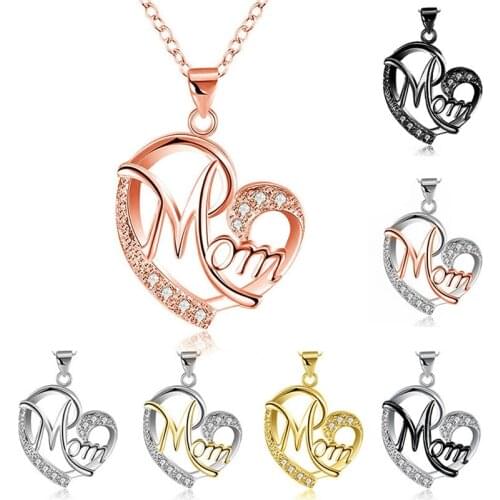 New Fashion Letter MOM Heart Shape Inlaid Crystal Pendant Necklace Mothers Day Gift High Quality Jewelry Wholesale Lots Bulk