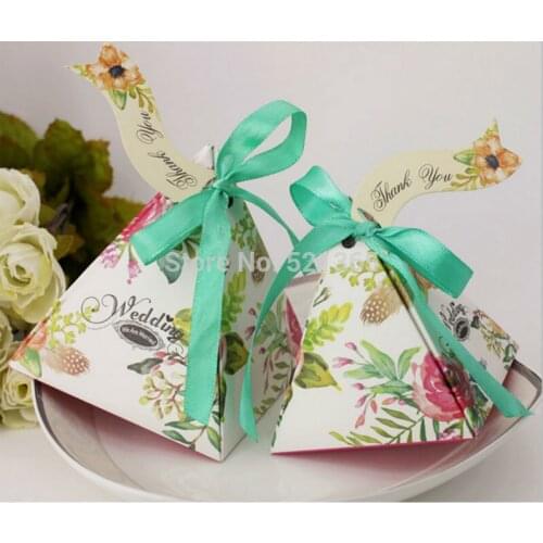 Wholesale 2000pcs/lot triangular pyramid charming Flower bird Candy Box Wedding Favor Gift candy package double side print