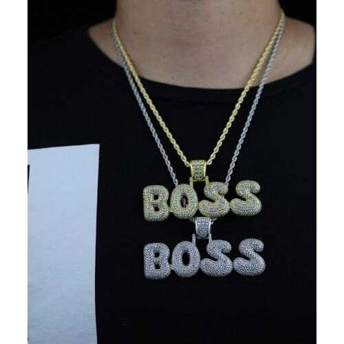 Punk Crystal Letter Boss Pendant Necklaces Gold Silver Color Wide Flat Chain Necklace Hip Hop Jewelry for Men Women drop ship