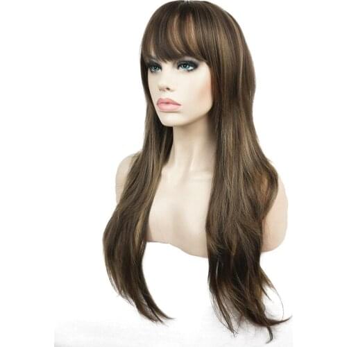 StrongBeauty Womens Synthetic Long Wig Layered Straight Hair Dark Brown with Blonde Highlights Capless Wig