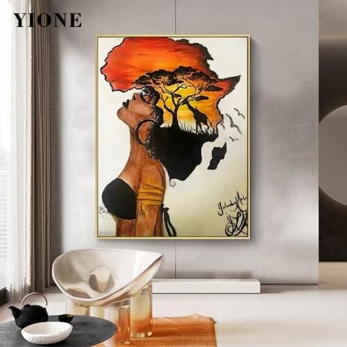 Sexy African Woman Sunset Tree Landscape Art Poster Print Retro Figure Brain Space Oil Painting for Bedroom Wall Canvas Picture