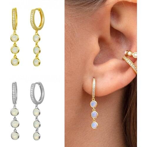 925 silver ear buckle Huggie 3 opals Hoop Earrings for Women Love Earring Crystals Zircon Piercing Silver Jewelry Girls A30