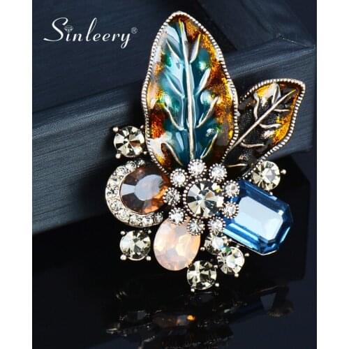 SINLEERY Gothic Style Big Square Stone Enamel Leaf Brooches For Women AAA Cubic Zircon Pins Jewelry Accessories XZ146 SSG