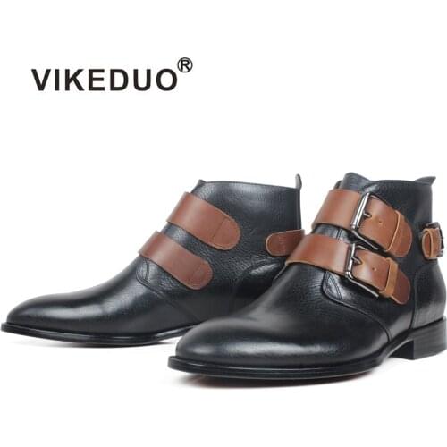 VIKEDUO New Black Boots Men Genuine Cow Leather Buckle Ankle Boots Male Handmade Round Toe Winter Shoes For Men Zapato de Hombre