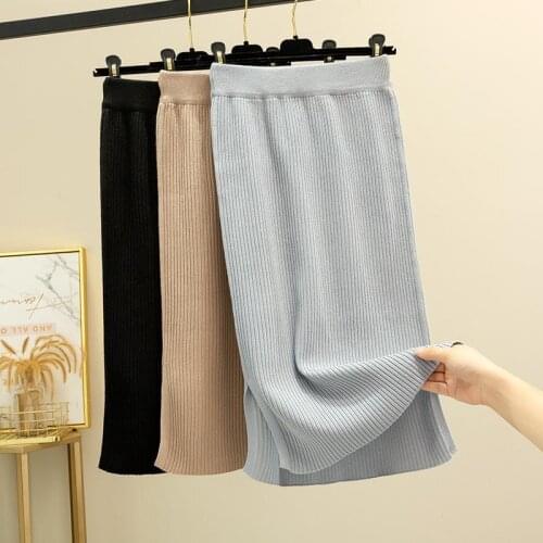 Women Knitted Midi Solid Warm A-Line Skirt Female 2021 Winter Autumn Elegant Dresses Ladies Bottoms High Quality Skirts H680