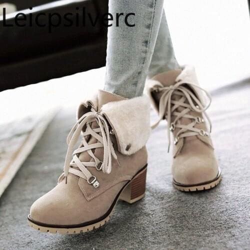 Womens Boots Autumn And Winter The New Round head Lace-up Metal Decoration Thick heel mid heel Womens shoes plus size 34-43