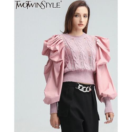 TWOTWINSTYLE Hole Patchwork Sweater For Women O Neck Puff Sleeve Casual Pink Sweaters Female 2020 Fall Fashion New Clothing Tide