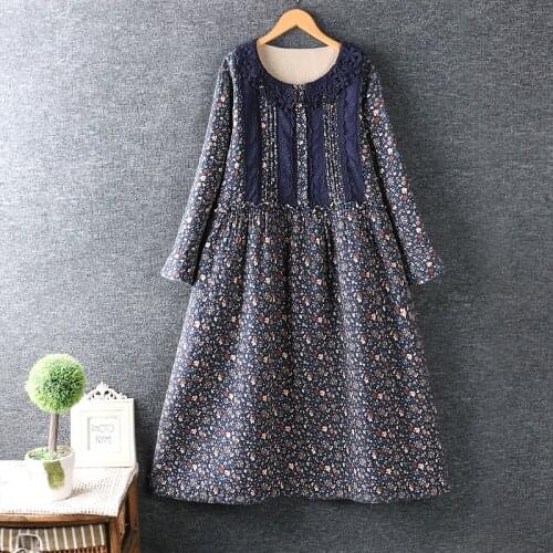 New Spring Women Dress Japan Style Literary Fresh Hook Flower O-Neck Cotton linen Loose Print Long Sleeve Dress
