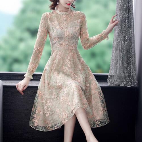 New Spring Summer Flower Embroidery Dress Women Long Sleeve Stand Collar Floral Hollow Out Embroidered Long Mesh Dresses Y856