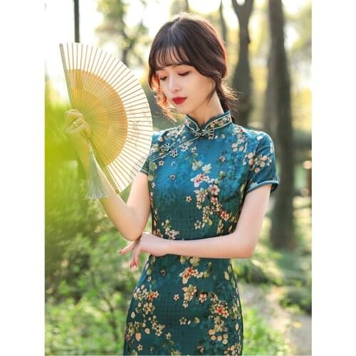 Womens Cheongsam Mid-Length Double-Layer Pearl Forging Chinese Traditional Dress Casual Elegant Womens Dress 2021 Summer