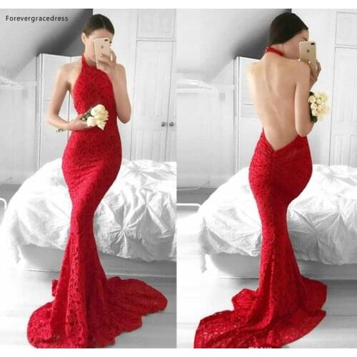 2019 Mermaid Backless Wedding Toast Dress Red Halter Neck Lace Formal Holiday Wear Party Gown Custom Made Plus Size