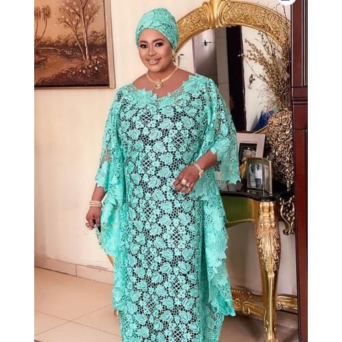 New Fashion African Women Dashiki Water-Soluble Guipure Cord Lace Loose Long Dress + scarf + Inside Skirt 3 Piece Free Size H956