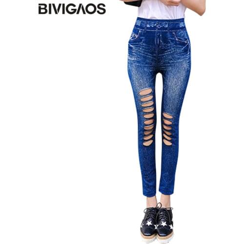BIVIGAOS Women Fashion Printed Matte Seamless Punk Gothic Hole Leggings Pants Stretch Ripped Jeans Leggings Jeggings For Womens