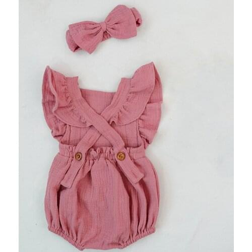 Organic Cotton Baby Clothing Summer Ruffled Sleevelesss Backless Romper Hairband Set Pure Color High Quality Baby Girls' Rompers