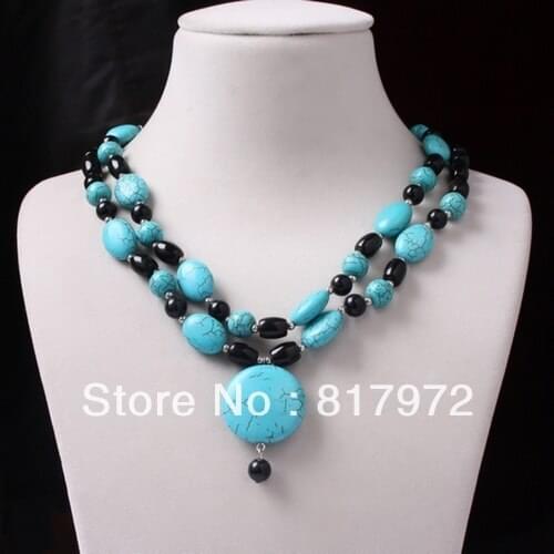 Elegant Black Bead Oval Stone howlite Bead Dangle Pendant Chunky 2 Rows Necklace Woman Party Gift