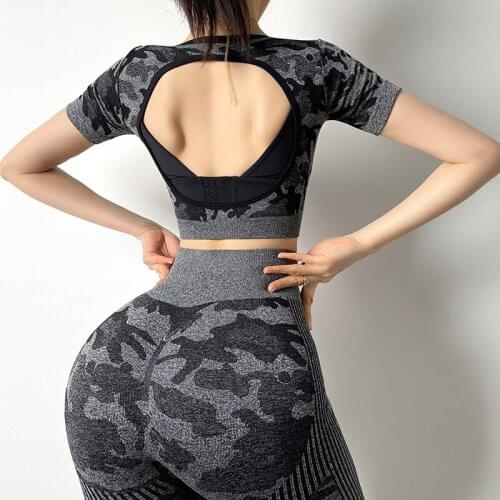 WOMENGAGA Quick Drying T Shirt Wearing For Summer Tees Girl Camouflage Fitness Womens Short Sleeve Sexy Sports Workout Top D8UK