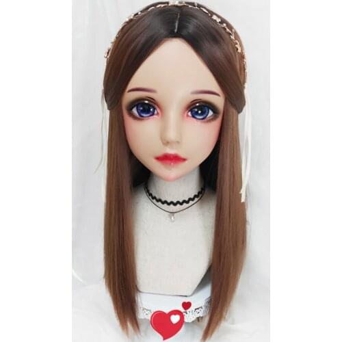 Hua-05)Female Sweet Girl Resin Half Head Kigurumi BJD Eyes Crossdress Cosplay Japanese Anime Role Lolita Mask With Eyes And Wig