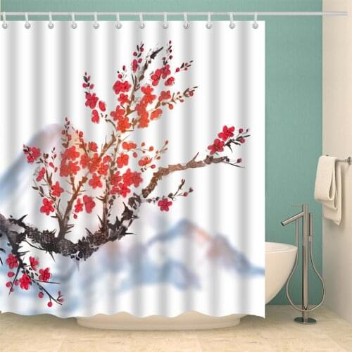 Artistic Shower Curtain Ink Painting Plum Blossom Fashion Bath Accessories with Hooks Waterproof Polyester Fabric Bathroom Decor