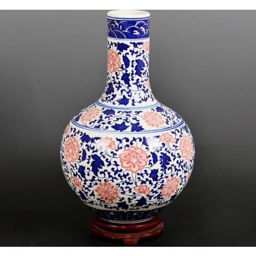 Jingdezhen Ceramic Blue And White Glazed Red Lotus Flower Jar Flower Arranging Home Living Room Antique Rack Decoration vase