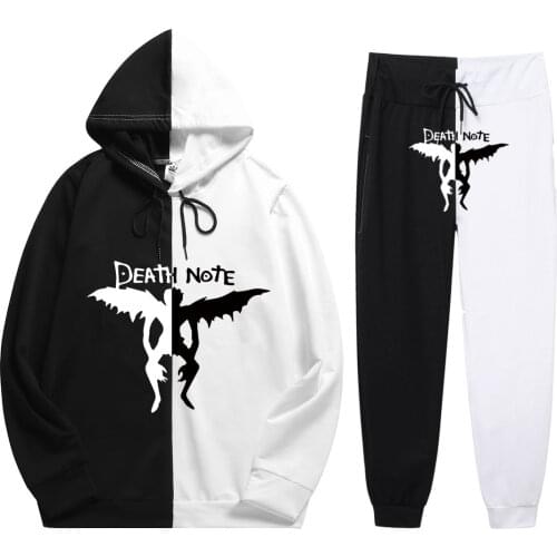 New Summer Man 2 Pieces Sets Anime Death Note Harajuku Print Comfortable Patchwork Thin Hoodie+Patchwork Pants Fashion
