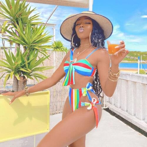 African Print Style Bikini Striped Bathing Suit Side Bandage Women Swimsuit High Rise Cut Swimwear Women High Waist Beachwear