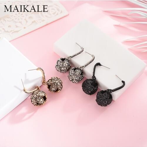 MAIKALE Vintage Flower Shape Hollow Metal Ball Earrings Rhinestone Exaggerated Hanging Big Drop Earrings for Women Jewelry Gifts