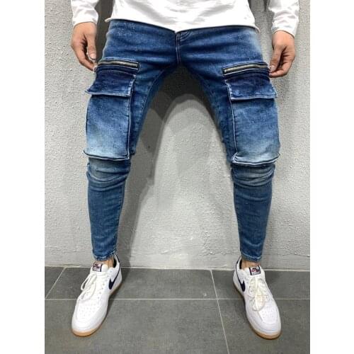 Men Stretchy Multi-pocket Skinny Jeans men pocket zipper pencil Pants 2020 fashion jeans Casual Trousers Hip hop sweatpants