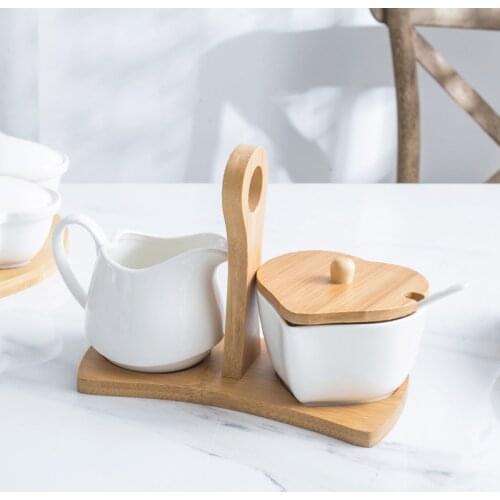 Sugar Bowl and Creamer Set with Lid & Spoon Ceramic Cream Jug and Sugar Bowl with Wood Handle Coffee Serving Set