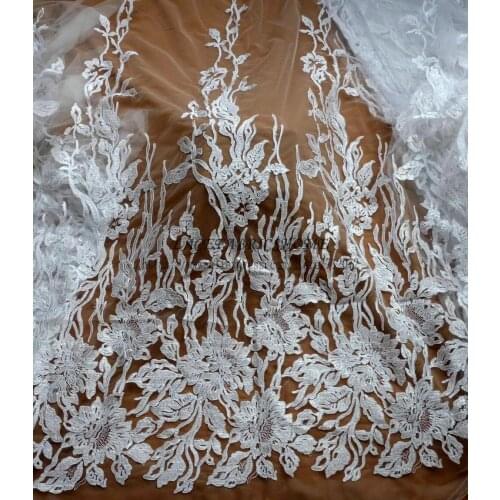 New fashion style polyester sequins on mesh embroidered off whtie/yellow wedding dress lace fabric 51'' width 1 yard