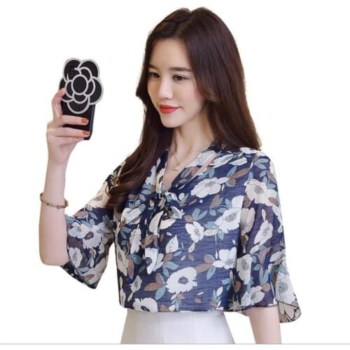 2018 New Summer Fashion Print Women Short Blouse Female V-Neck Lace-Up Women Blouses Short Sweet Flare Sleeve Women Blouses Q260