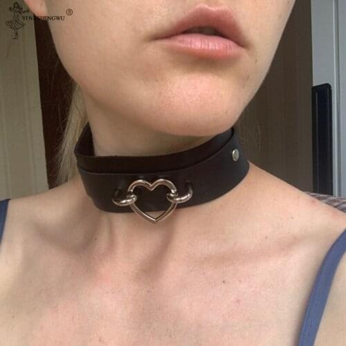 Metal Heart Collar Necklace Women Choker Silver Color Punk Bondage Harness Leather Gothic Necklace Vintage Statement Jewelry