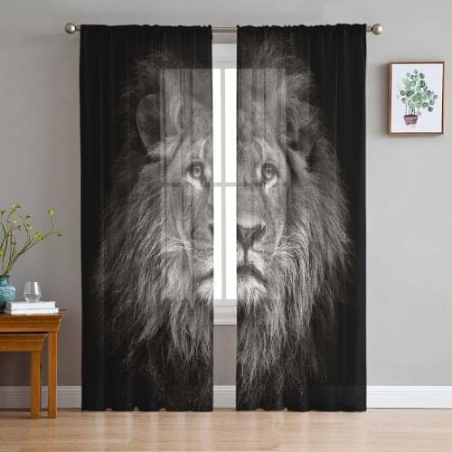 Lion Animal Black Print Sheer Window Panel Curtains Room for Living Room Bedroom Kitchen Room Chiffon Tulle Curtains